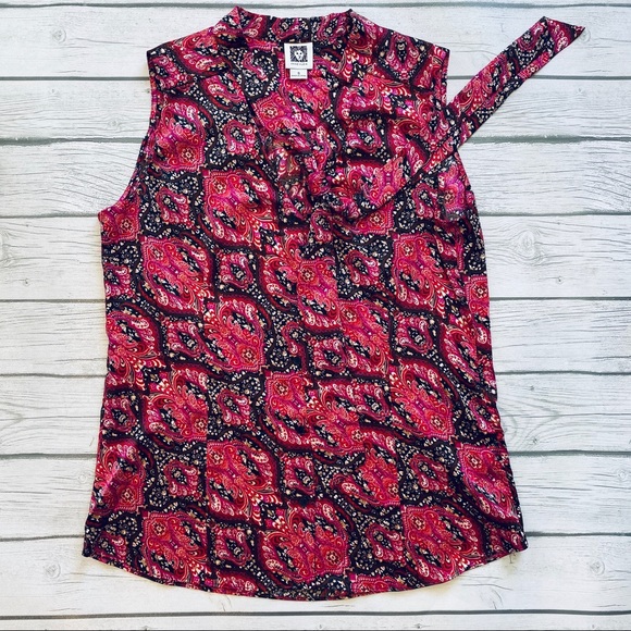 Anne Klein Printed Tie-Neck Top Sleeveless Blouse - Picture 3 of 6
